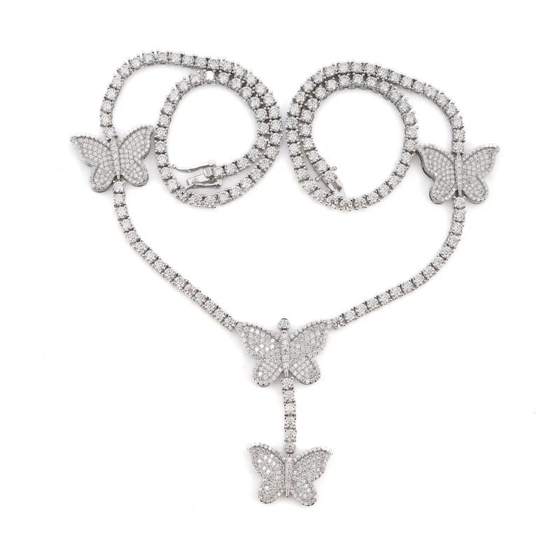 Butterfly Dreamline Moissanite Tennis Chain Close-Up with Heart Shape Design in .925 Sterling Silver