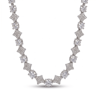 ‘Flow State’ Artistic Link chain featuring alternating sparkling round and diamond-shaped links embellished with clear stones, crafted in polished silver.
