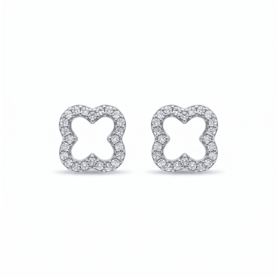 Luxe Clover' Timeless Earrings featuring a delicate clover shape outlined with sparkling VVS moissanite stones set in polished .925 silver for an elegant, timeless look.