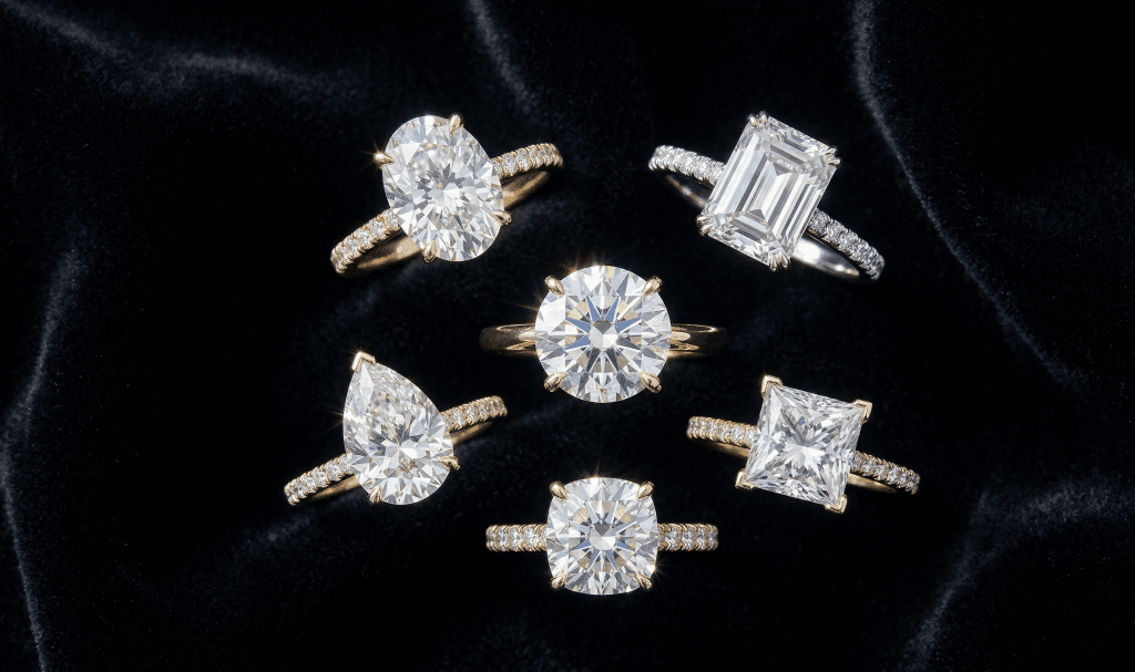 Six moissanite engagement rings on black velvet showing oval, emerald, round, pear, princess and cushion cuts