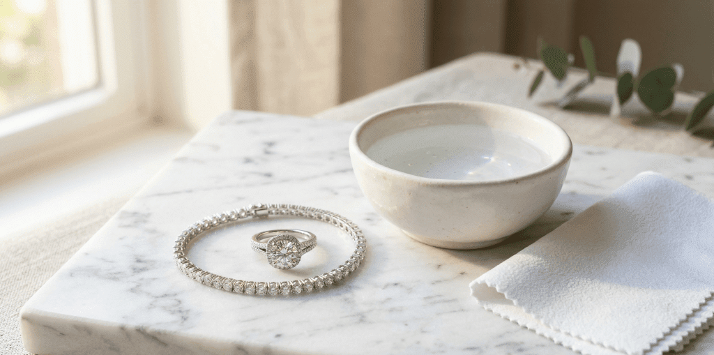 Moissanite tennis bracelet and halo ring on marble beside a bowl of soapy water and a polishing cloth