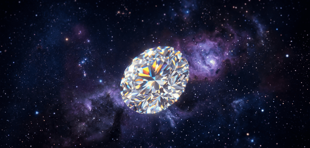 Round brilliant-cut moissanite gemstone glowing against a starry deep-space nebula background