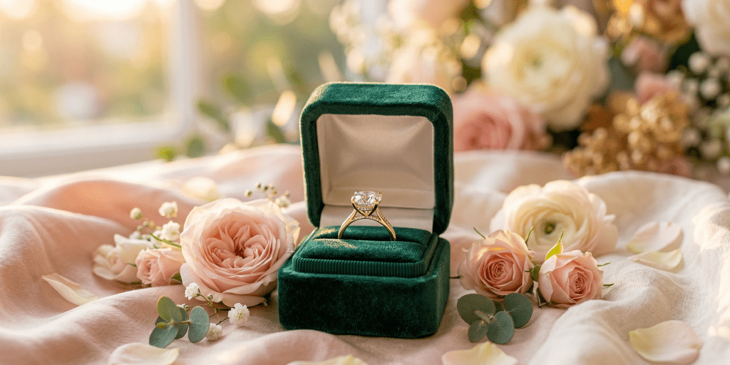Gold solitaire moissanite engagement ring in an open green velvet box surrounded by pale pink roses