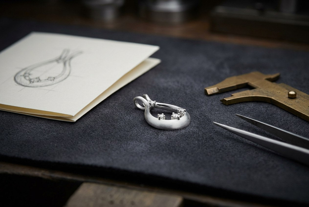 A partly set custom sterling silver pendant on a jeweler's bench beside a pencil design sketch, calipers and tweezers