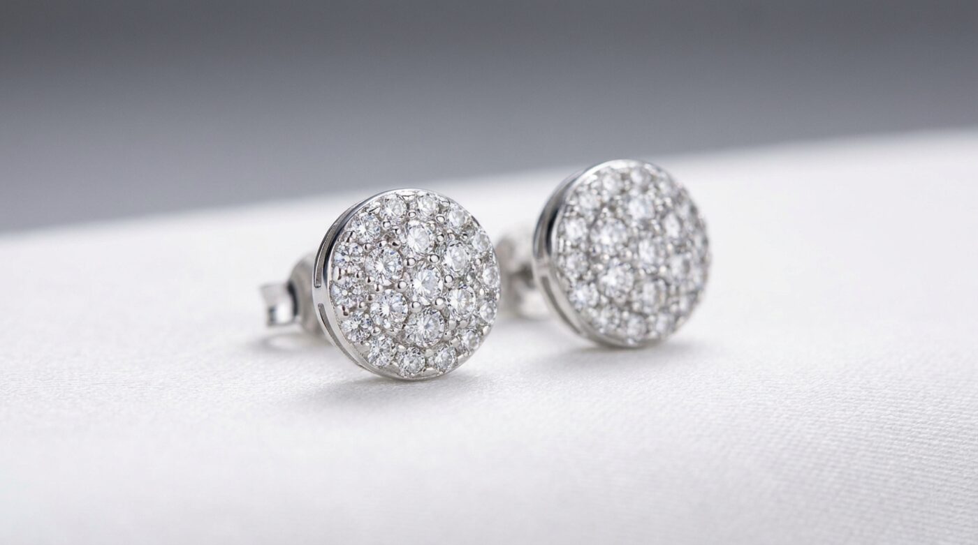 Sterling silver moissanite cluster stud earrings photographed close up, showing bright, clear white sparkle
