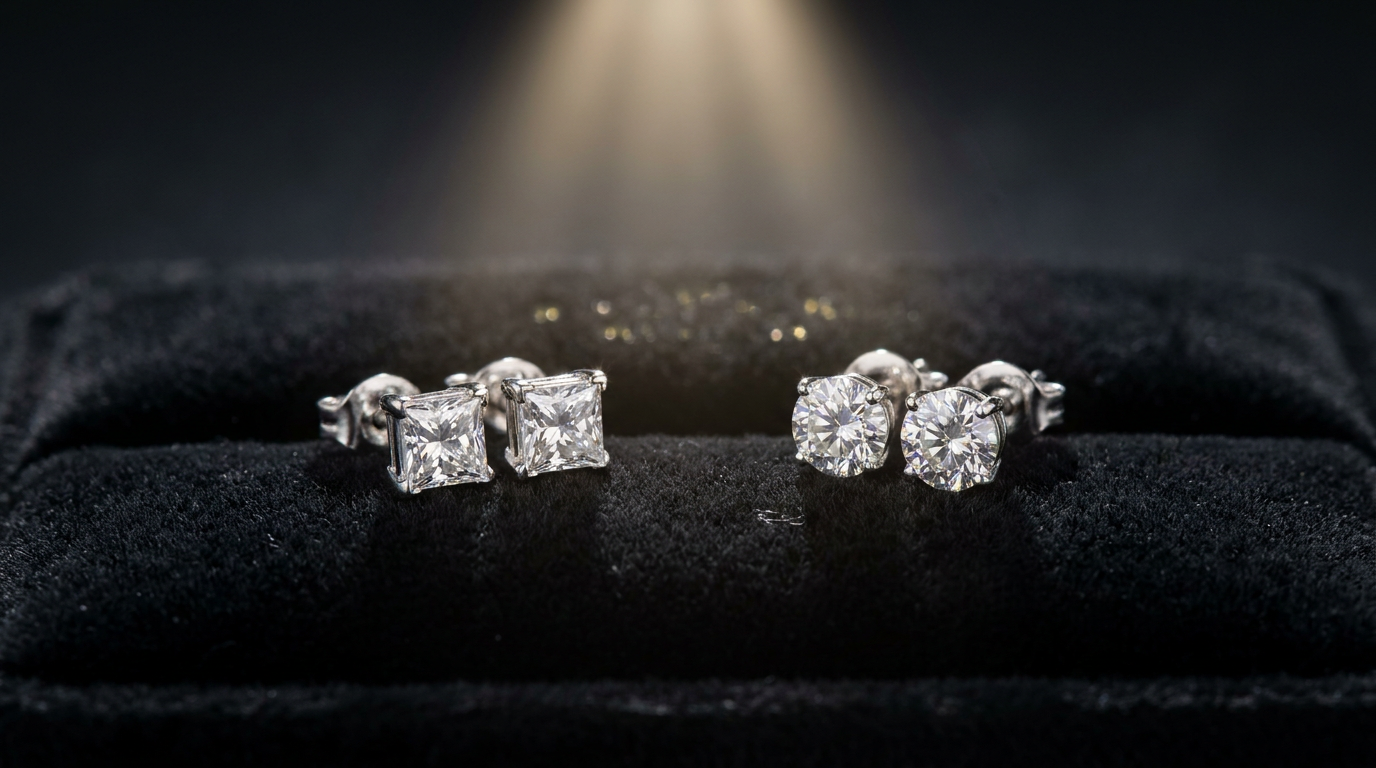 Princess-cut and round moissanite stud earrings side by side on black velvet