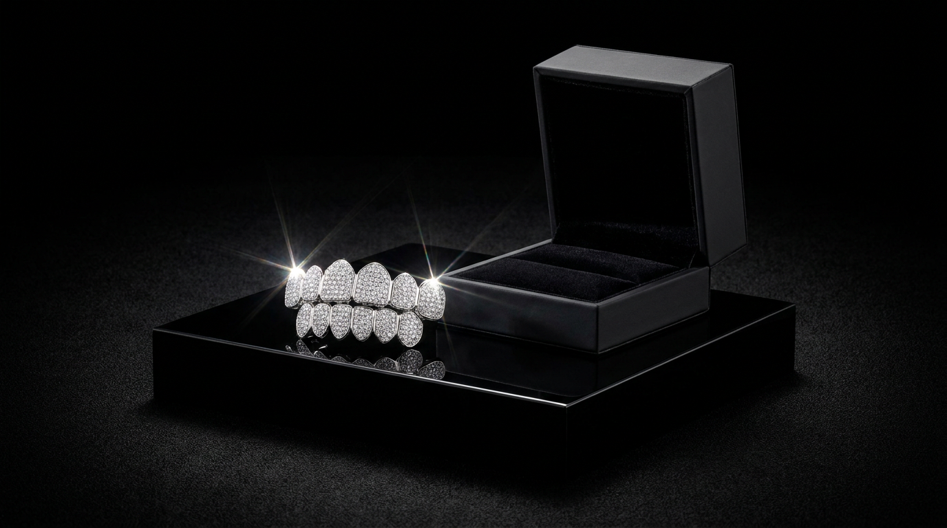 Iced-out moissanite grillz on a black reflective surface