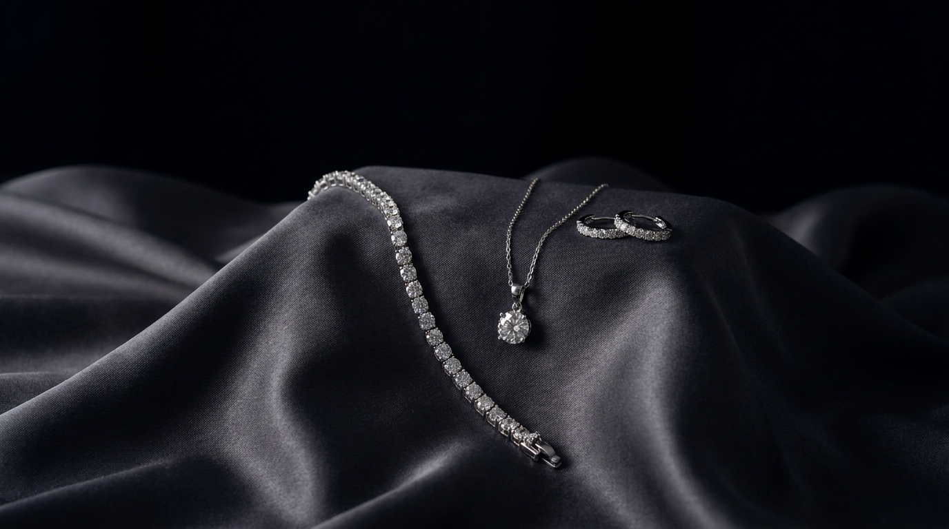 Iced-out moissanite tennis bracelet, pendant and earrings for women on dark silk
