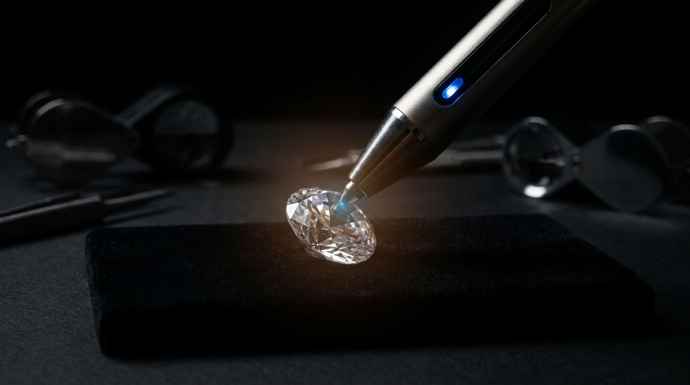 Diamond tester pen touching a brilliant-cut moissanite gemstone
