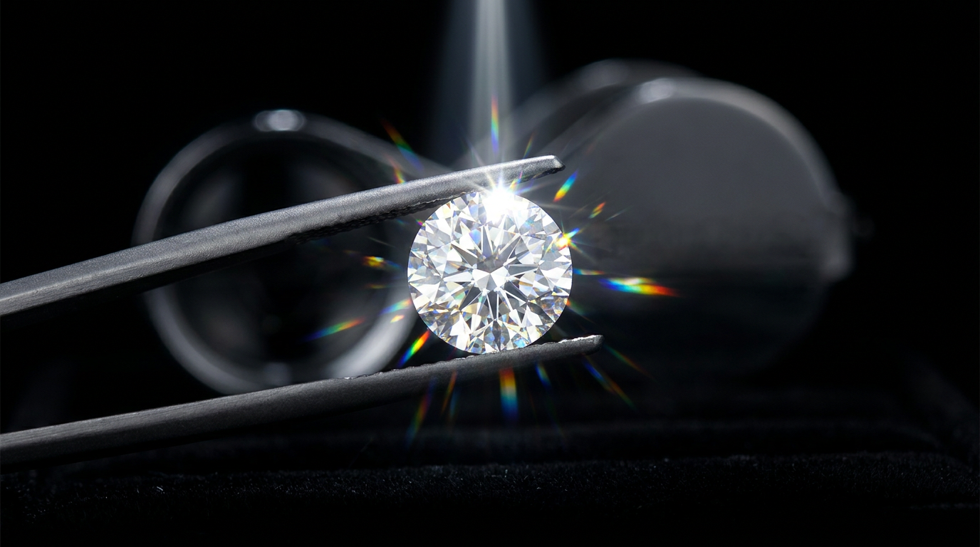 Jeweler's tweezers holding a flawless VVS moissanite gemstone under spotlight