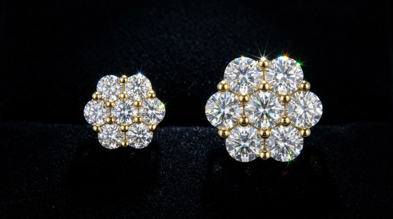 Jamilah Jewels 9mm and 12mm gold moissanite cluster stud earrings side by side size comparison