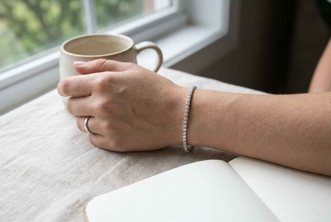 Woman wearing a .925 sterling silver moissanite tennis bracelet and a plain silver band while holding a coffee cup at a table