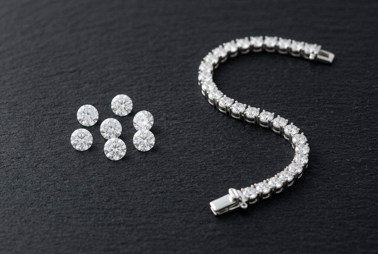Loose colorless round moissanite stones beside a finished sterling silver tennis bracelet on a dark surface