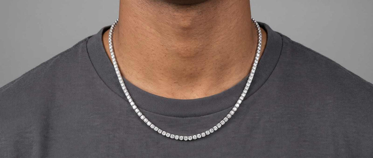 Moissanite chains from Jamilah Jewels, worn at the neck