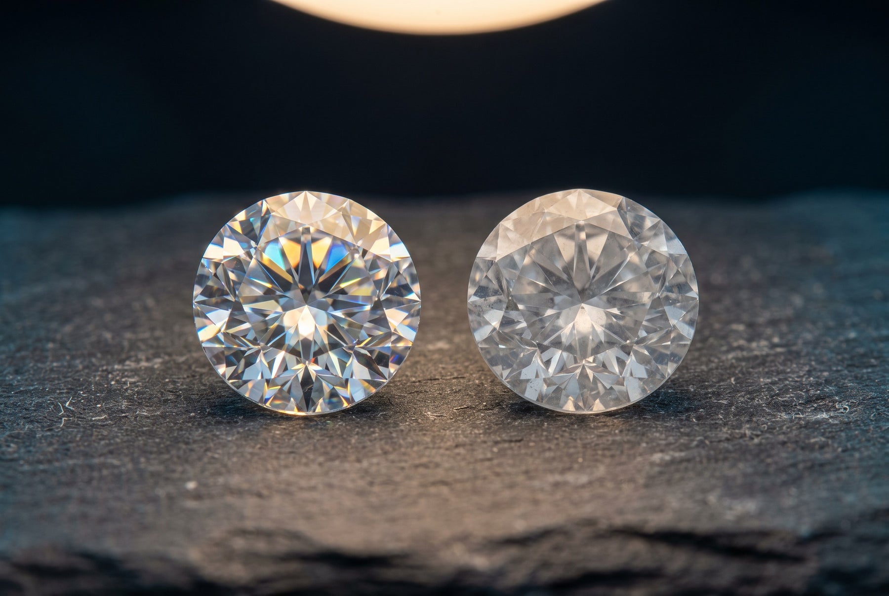 Moissanite and cubic zirconia side by side under the same light