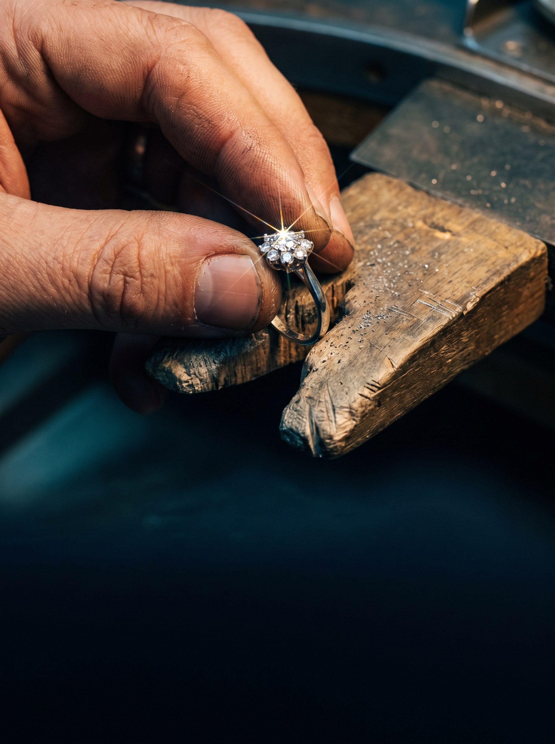 Hands setting moissanite stones at the bench