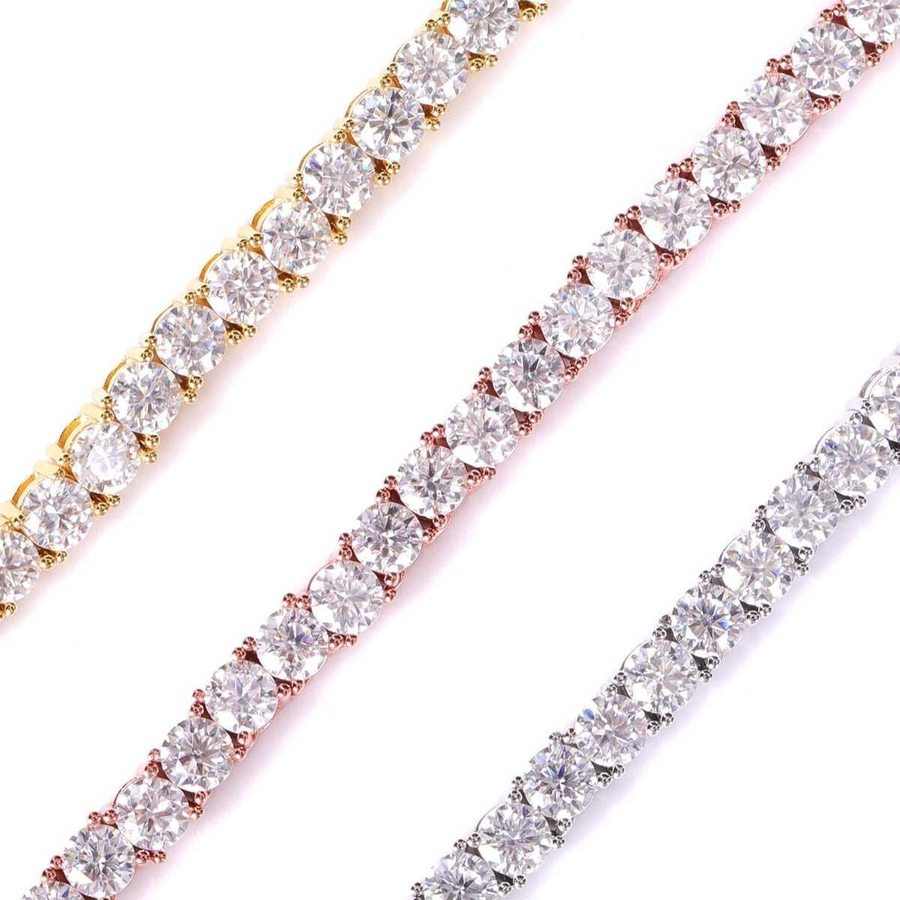 4mm Tennis Bracelet with Round-Cut Lab Stone shown in gold, rose gold and silver - VVS Moissanite & .925 Sterling Silver - Jamilah Jewels