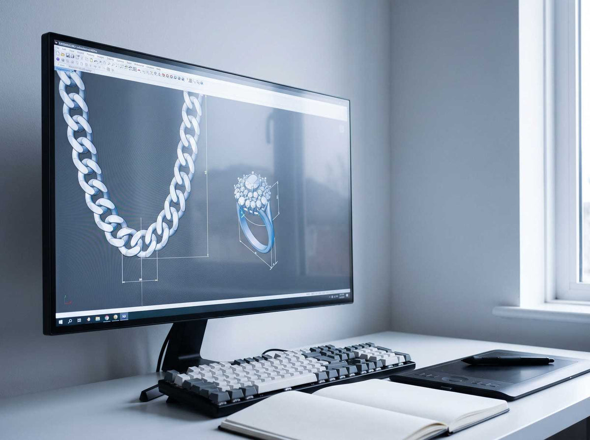 A 3D CAD render of a custom jewelry design on screen