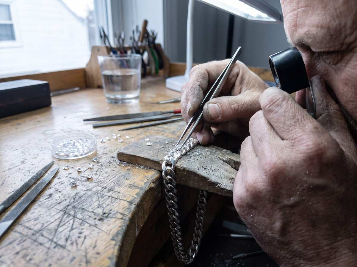 A custom piece being cast and stone-set at the bench