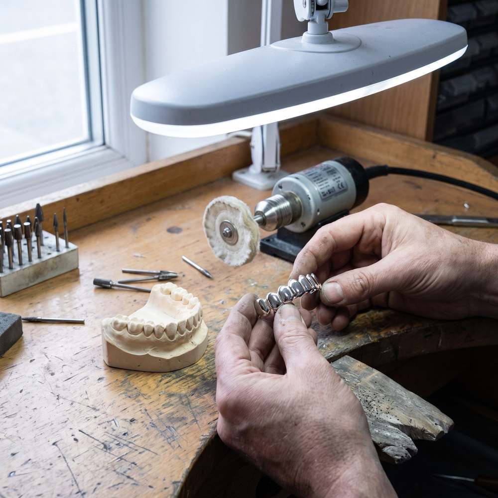 Step three of the grillz process: the set being cast, stone-set and polished at the Los Angeles bench