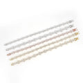 Four elegant tennis bracelets are displayed side by side in silver, rose gold, and yellow gold, including the sparkling 'True Hive' Patterned Design Bracelet in sterling silver with a hexagonal motif—all on a white background.