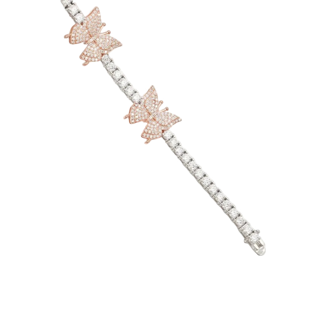 Two elegant Rose Gold Butterfly Tennis Bracelets featuring VVS Moissanite stones set in .925 Sterling Silver from Jamilah Jewels, showcasing sparkling butterfly designs.