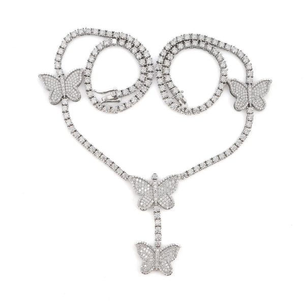 Butterfly Dreamline Moissanite Tennis Chain Close-Up with Heart Shape Design in .925 Sterling Silver