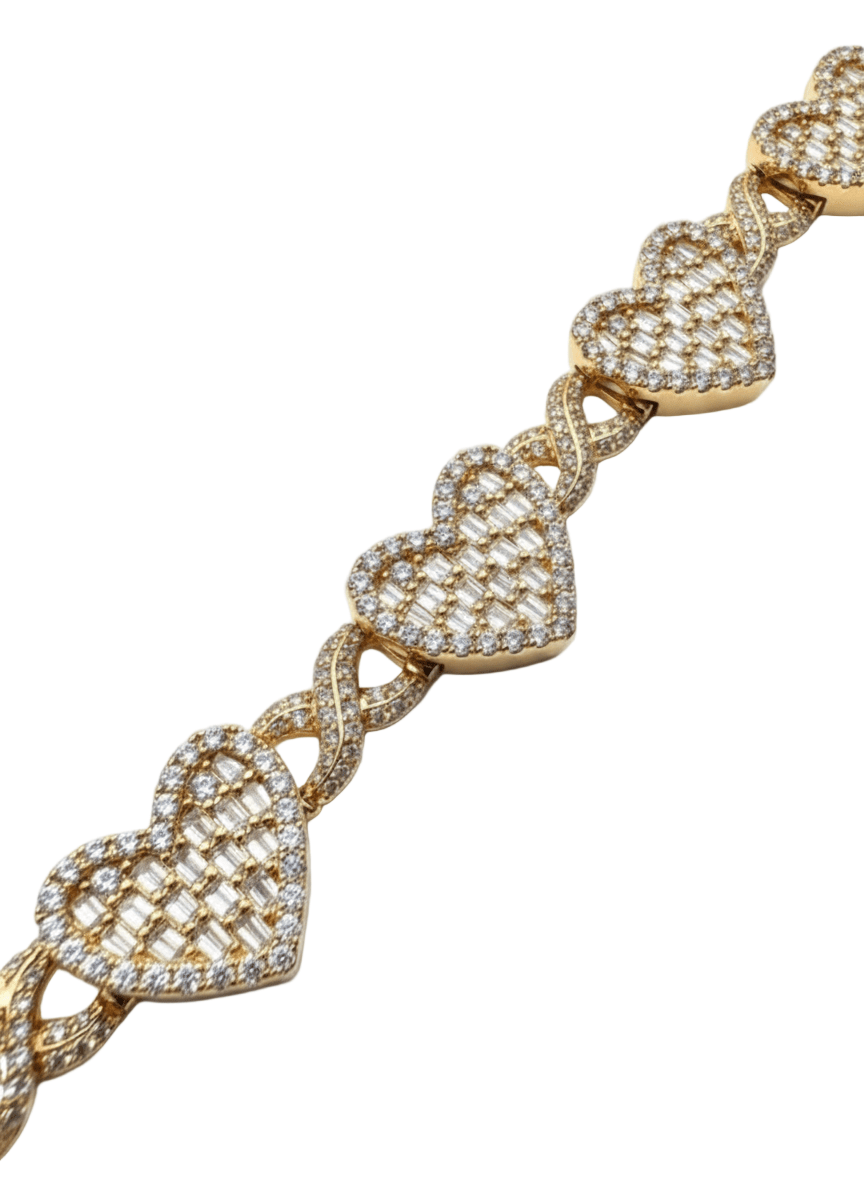 Gold bracelet with heart-shaped links on a white background