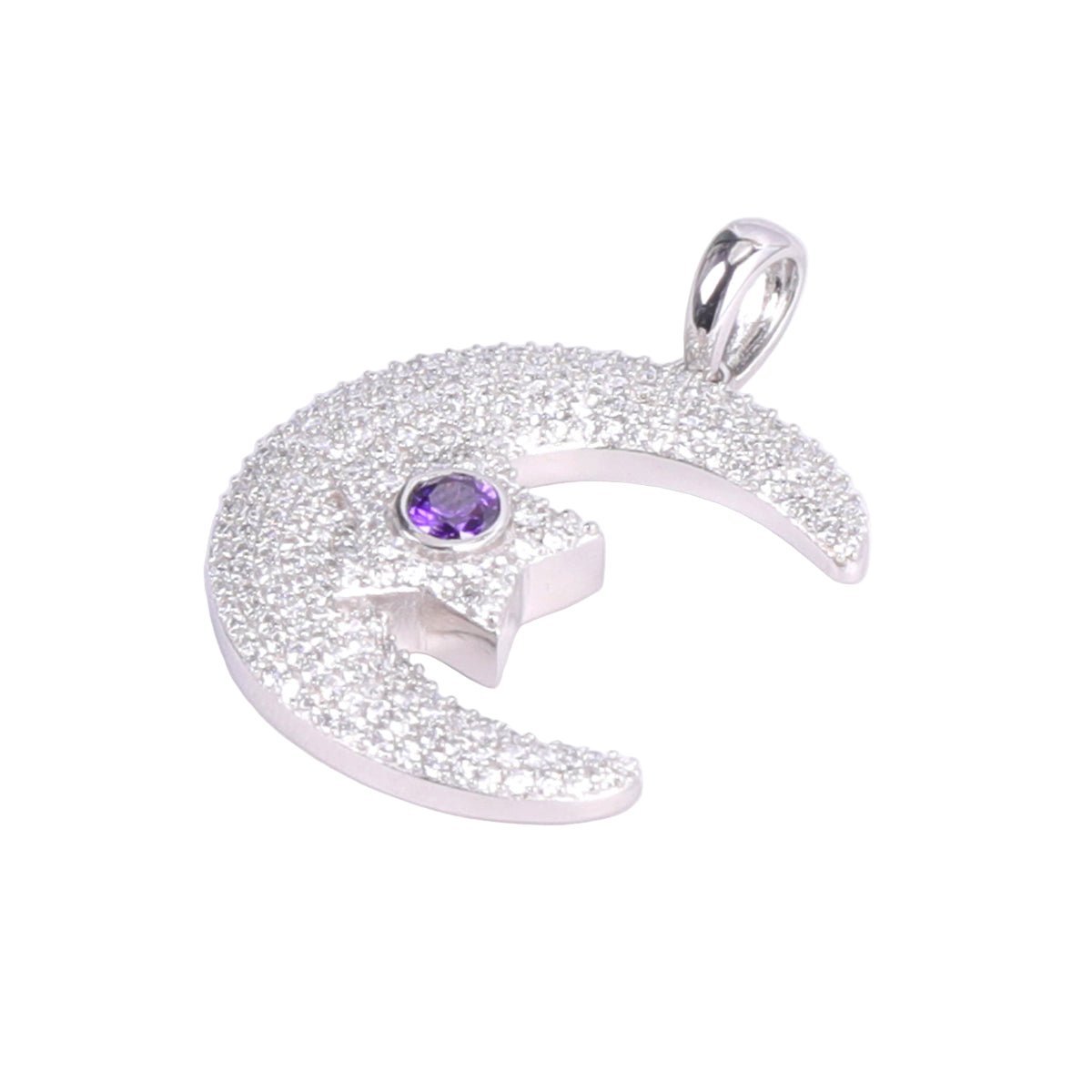 Silver crescent moon pendant with a purple gemstone on a white background