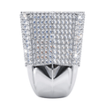 The Custom 'HK' Championship Pinky Ring by Jamilah Jewels features a wide, square silver face with multiple rows of sparkling clear gemstones, shown front-facing against a white background. Perfect as a pinky or championship ring.