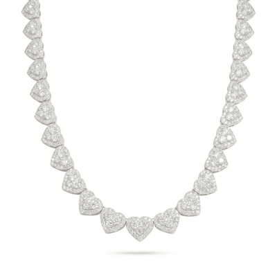The 'Pure Affection' Linked Heart Chain is a sterling silver necklace with symmetrical heart-shaped clusters encrusted with sparkling VVS lab stones, creating an elegant and luxurious look on a white background.
