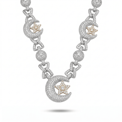 ‘Celestial Crescent’ Lunar Chain featuring intricate crescent moons and star motifs adorned with sparkling moissanite stones in a delicate silver setting.