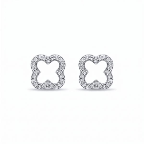 Luxe Clover' Timeless Earrings featuring a delicate clover shape outlined with sparkling VVS moissanite stones set in polished .925 silver for an elegant, timeless look.