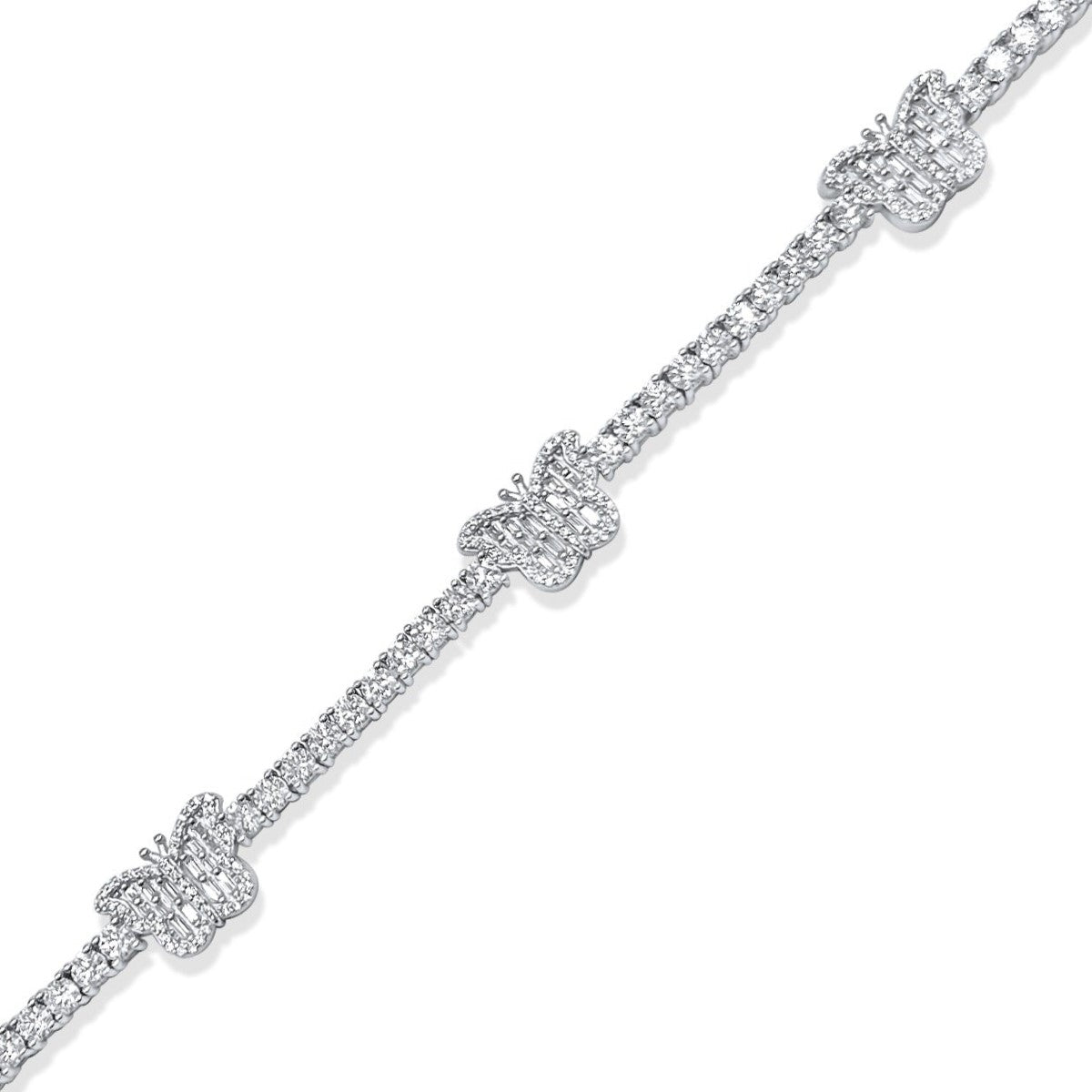 Silver butterfly bracelet with diamond accents on a white background