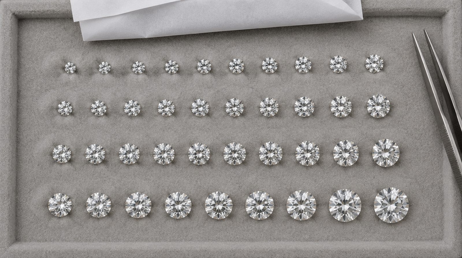 Loose round moissanite stones sorted by millimeter size in rows on a jeweler's tray
