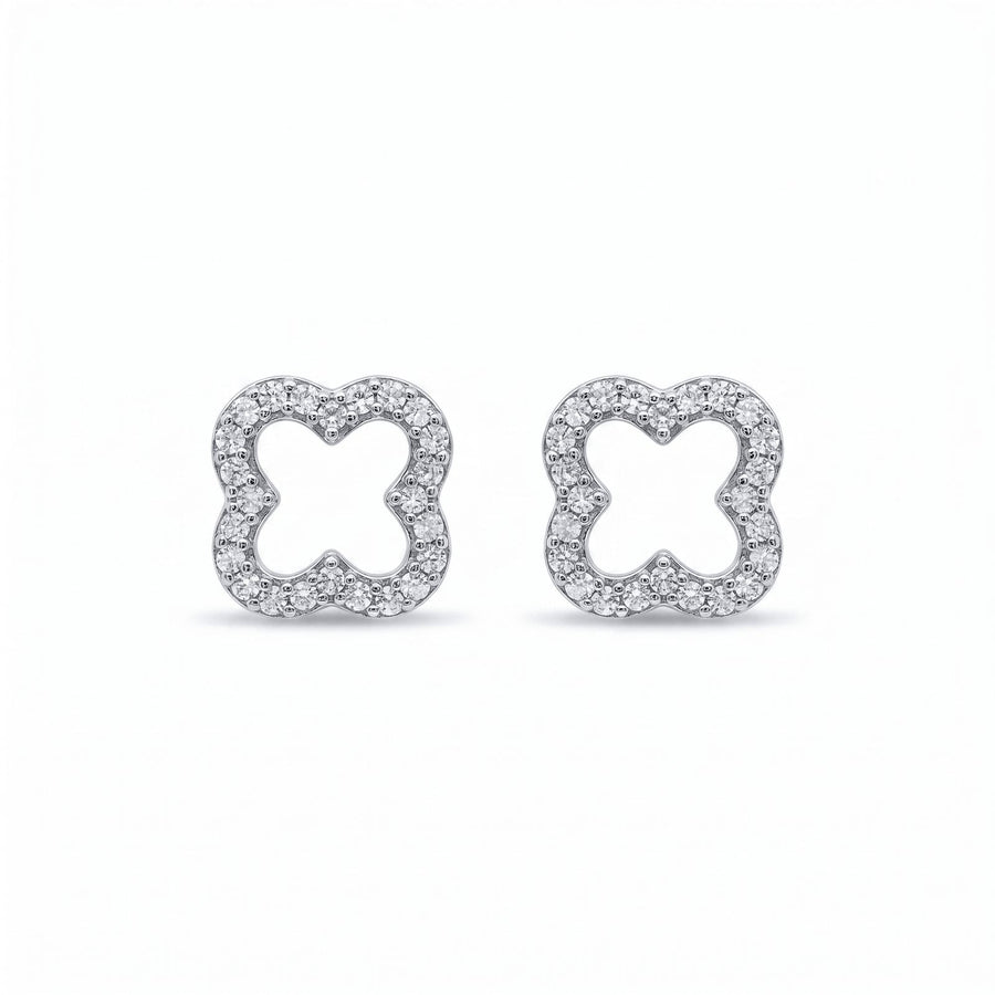 Luxe Clover' Timeless Earrings featuring a delicate clover shape outlined with sparkling VVS moissanite stones set in polished .925 silver for an elegant, timeless look.