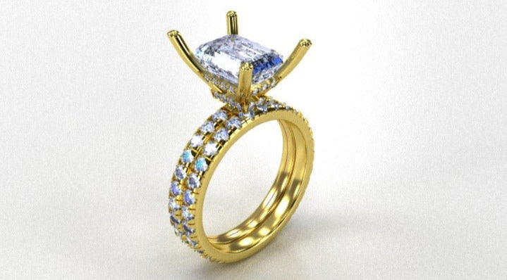Custom 2 CT radiant cut lab diamond wedding ring in solid 14k gold on a white background