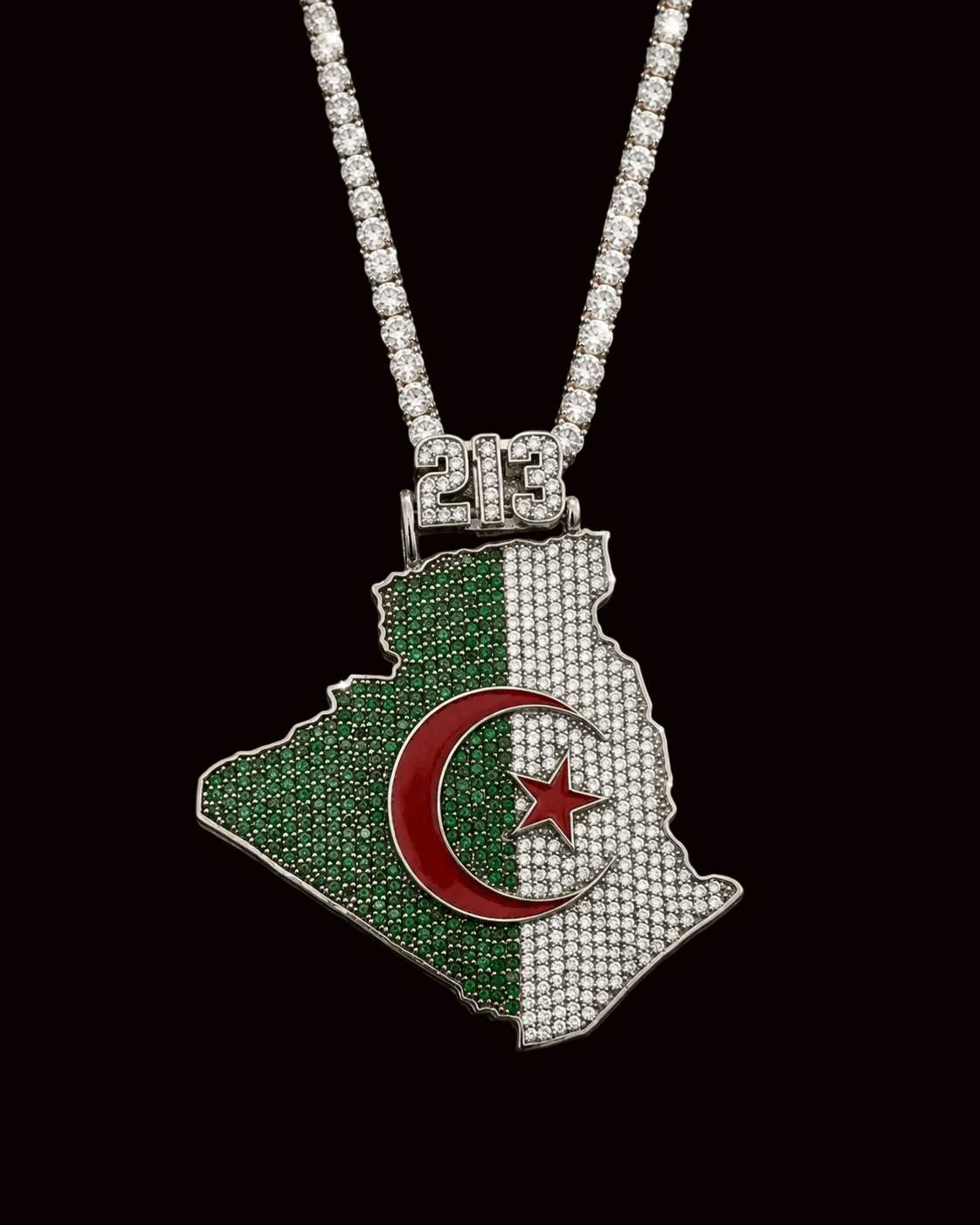 Necklace with a pendant shaped like the flag of Algeria on a black background