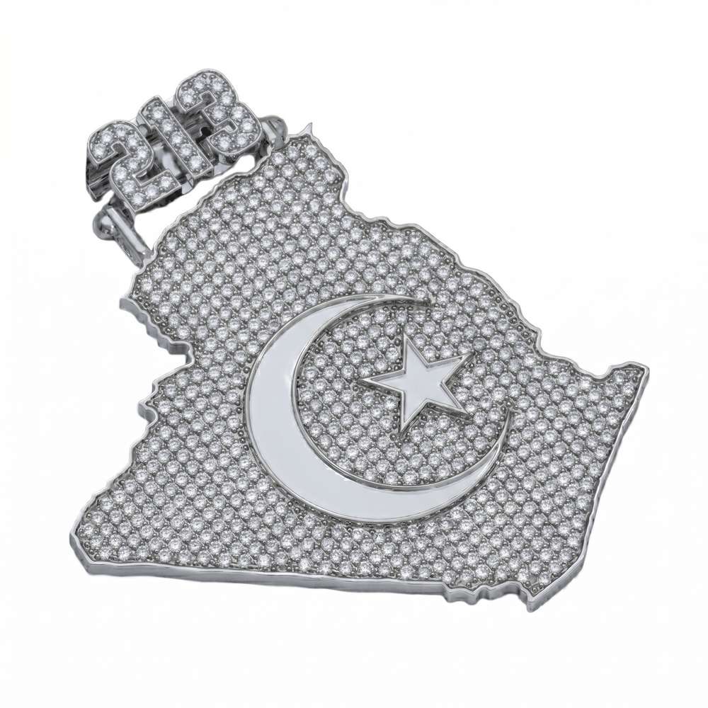 Custom Country Outline Pendant shaped like Algeria, encrusted with sparkling moissanite stones, featuring a crescent and star design in polished silver tones with 213 detail.
