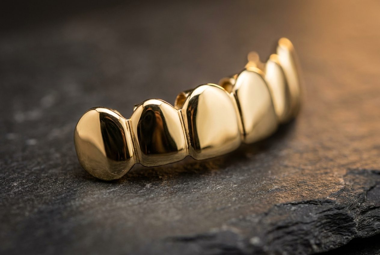 Close up of a yellow gold custom grillz top row showing the hand polished mirror finish