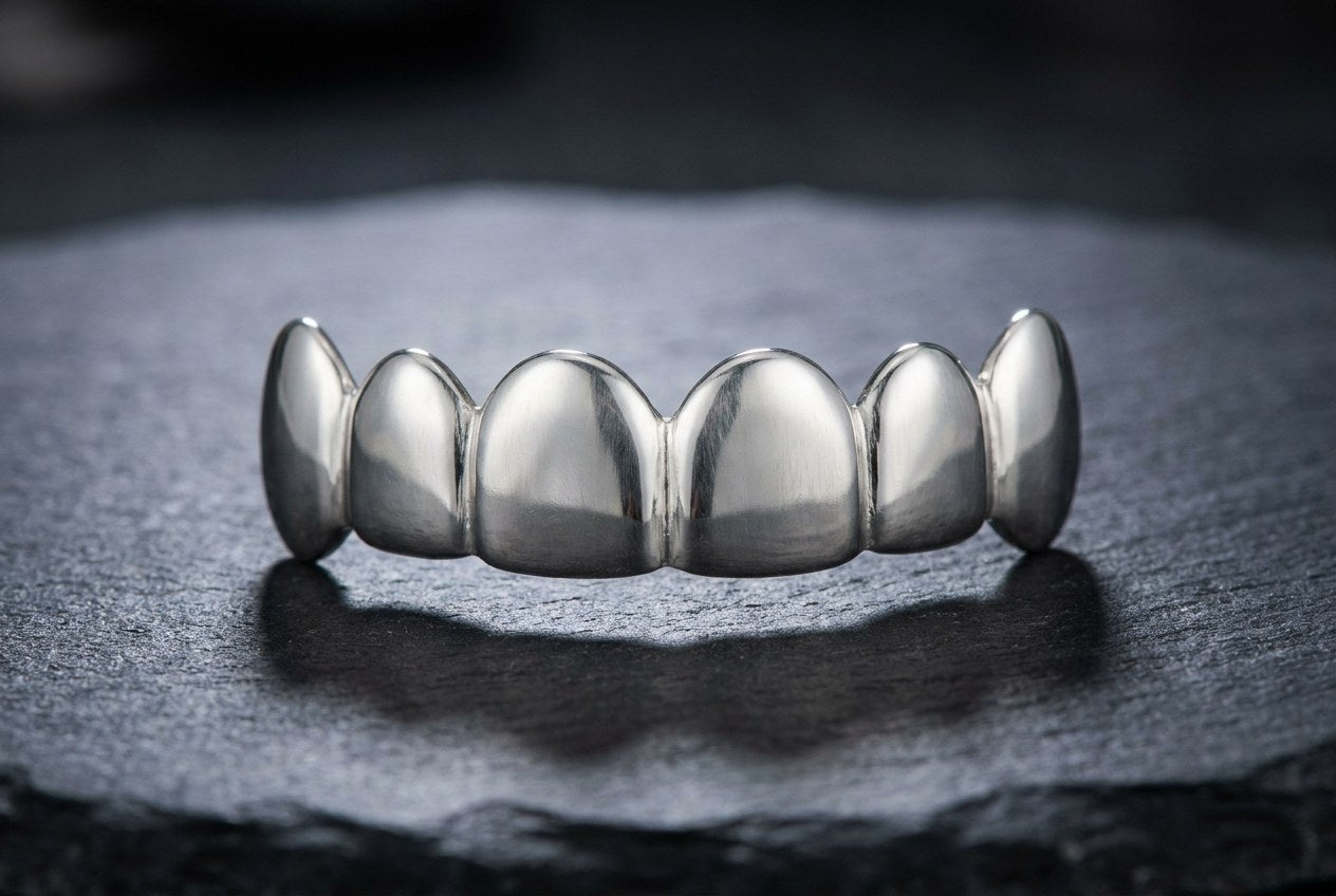 Solid sterling silver custom grillz top row with a plain polished mirror finish and no stones