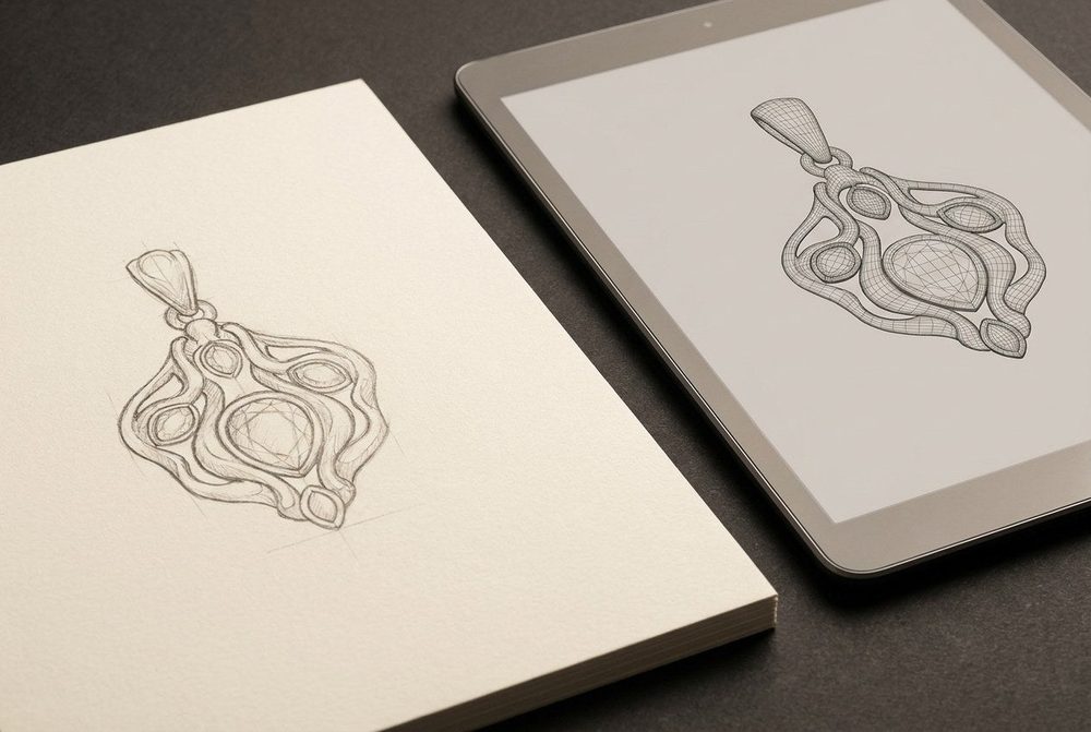 A hand-drawn pendant sketch on paper beside a digital wireframe design of the same pendant