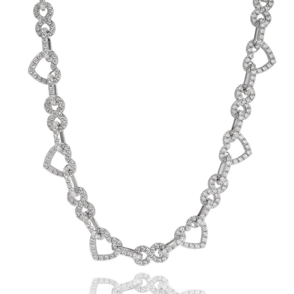 ‘Endless Bond’ Heart Infinity Chain featuring alternating heart and infinity-shaped links encrusted with sparkling stones on a silver chain.