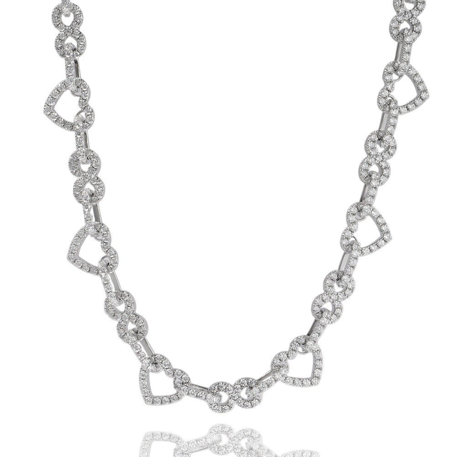 ‘Endless Bond’ Heart Infinity Chain featuring alternating heart and infinity-shaped links encrusted with sparkling stones on a silver chain.