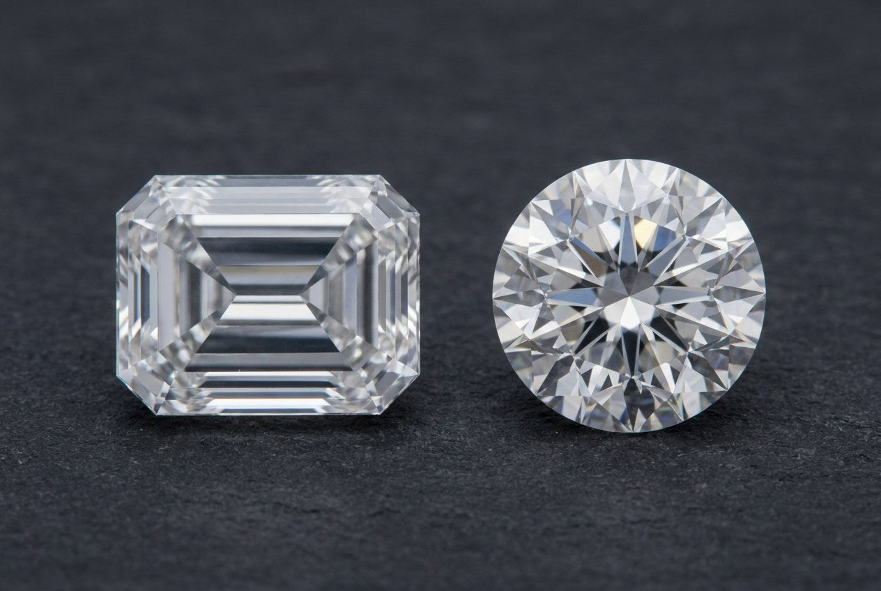 Emerald cut moissanite with long step facets beside a round brilliant with many small triangular facets