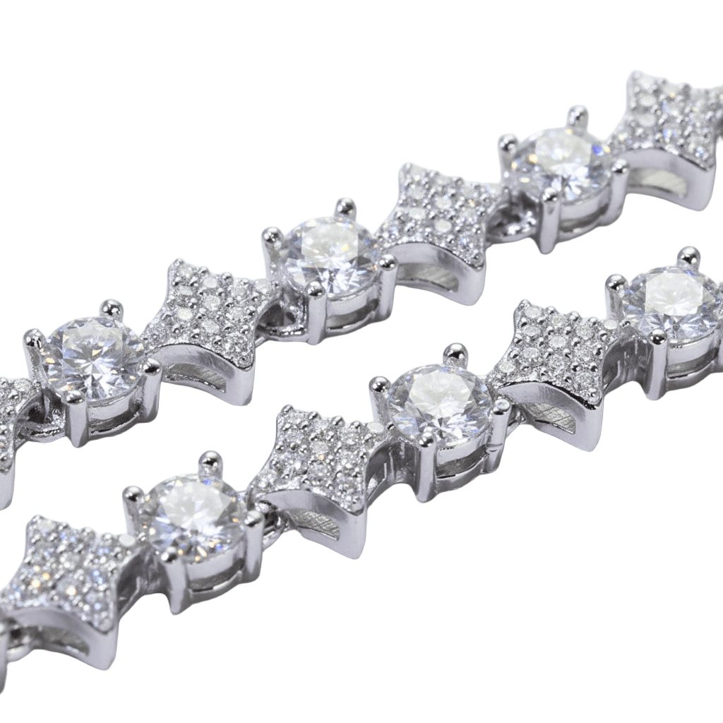 Close-up of a sterling silver moissanite bracelet with clear lab stones