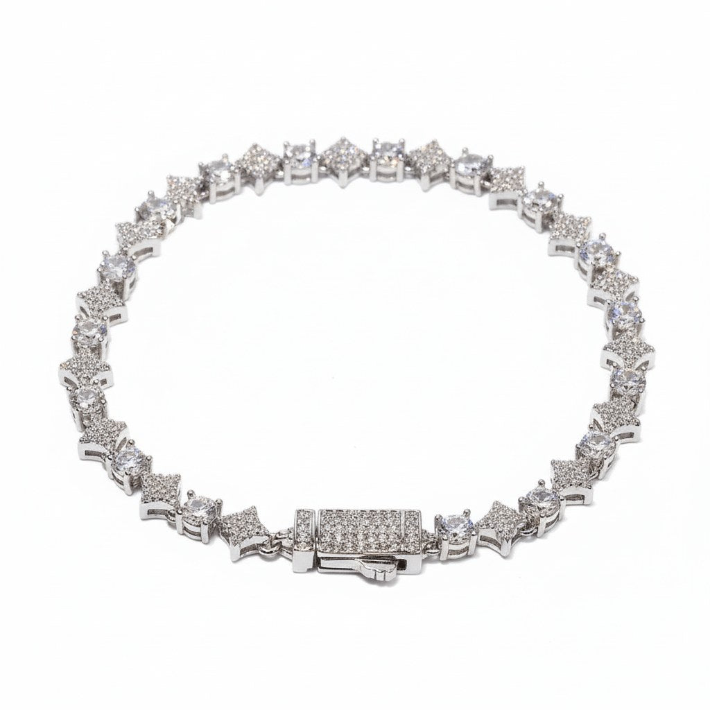 Sterling silver moissanite bracelet with clear lab stones on a white background