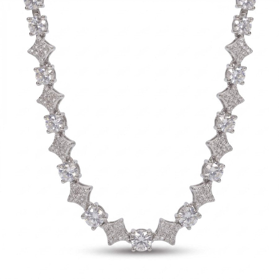 ‘Flow State’ Artistic Link chain featuring alternating sparkling round and diamond-shaped links embellished with clear stones, crafted in polished silver.