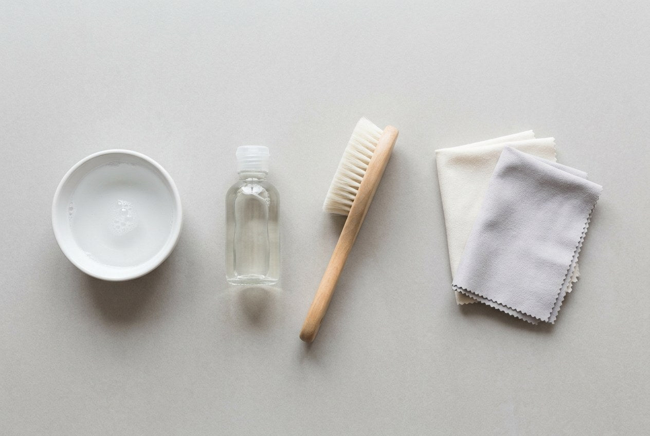 A set of polished gold grillz beside a small bowl of warm soapy water, a soft brush and a folded lint free cloth