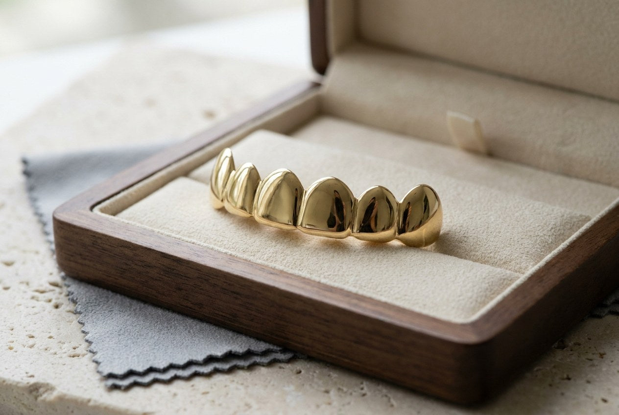 An open jewelry case holding a polished gold grillz set on a soft lining, with a folded polishing cloth beside it
